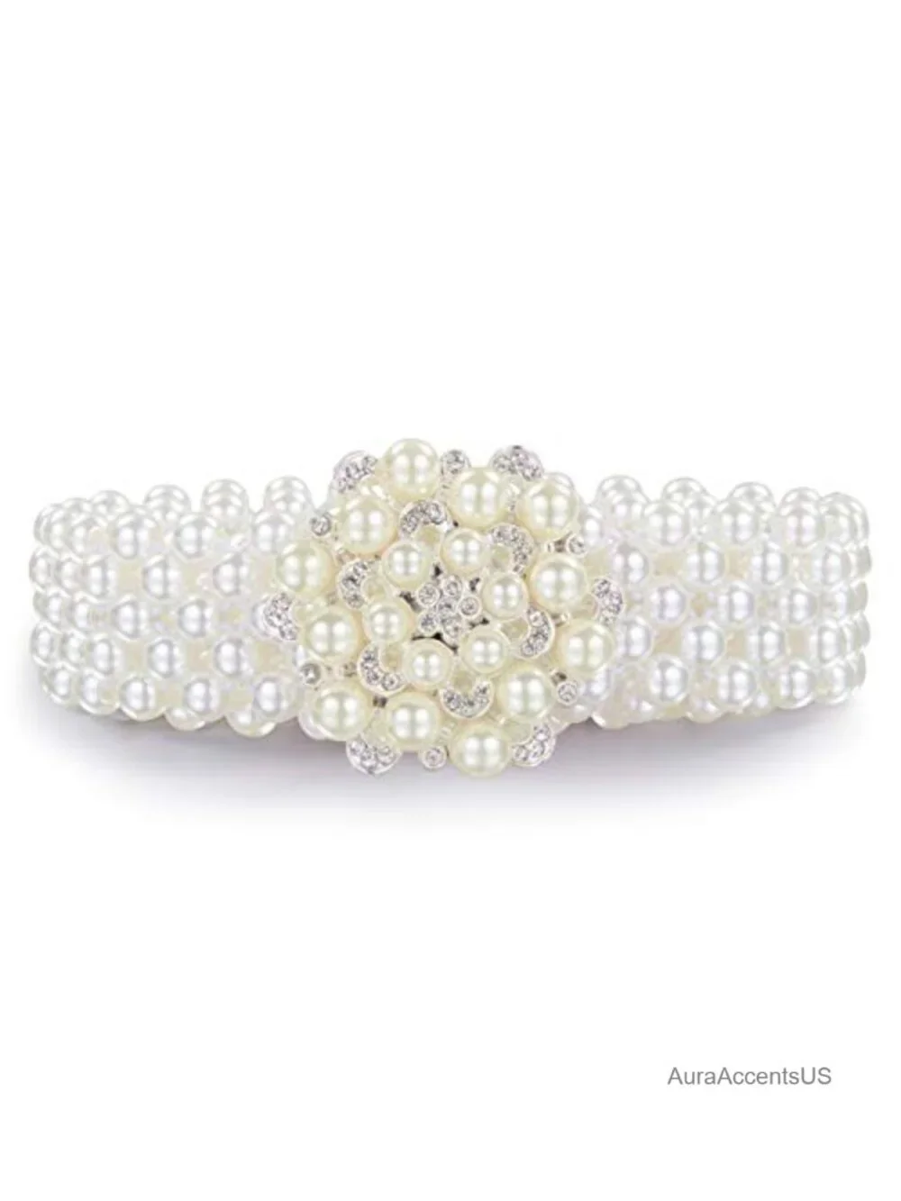 Elastic Pearl Waist Chain Belt with Rhinestone Buckle for Women